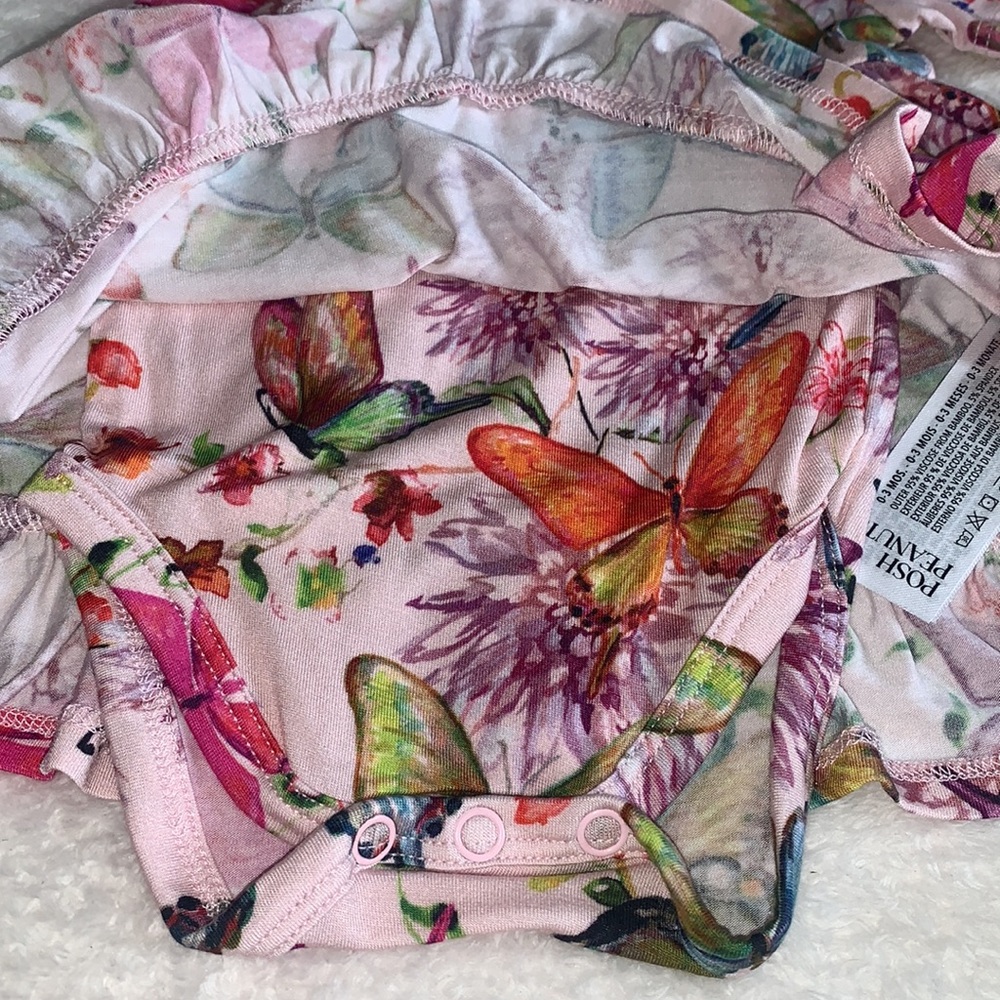 NWT Posh Peanut Watercolor Butterfly Floral Bodysuit Dress 0-3M Bamboo - Picture 5 of 8